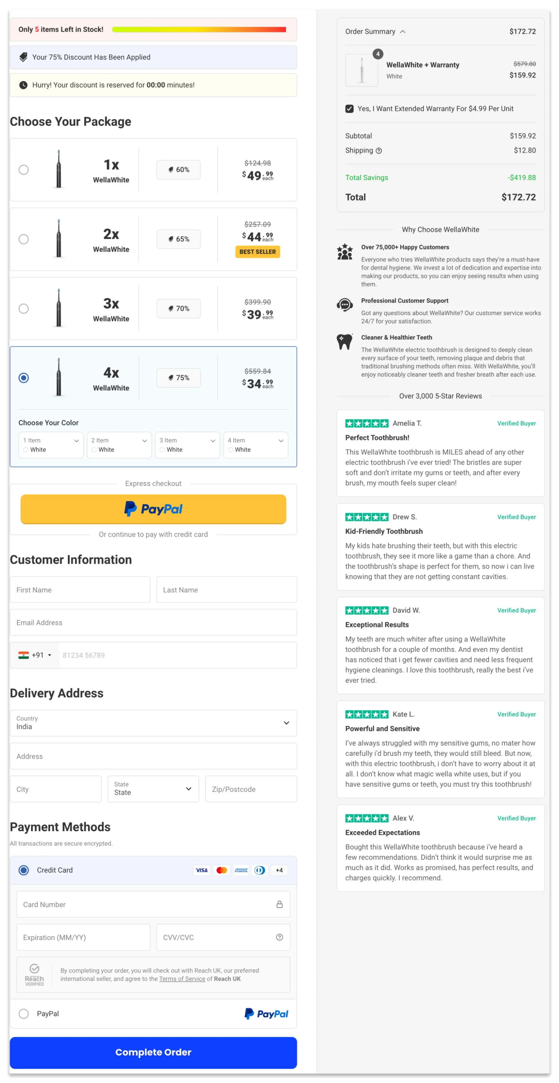 WellaWhite Electric Toothbrush checkout page.